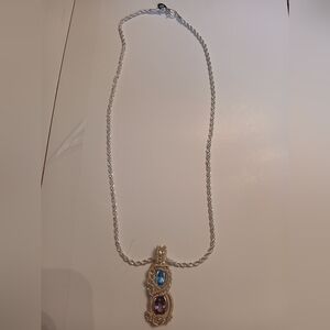 Wrapped Wire Sterling Silver 925 Necklace With Aquamarine And Amethist Stones